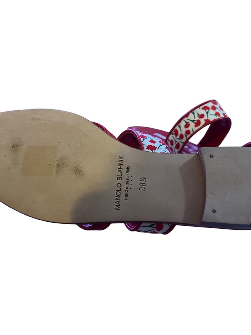 Manolo Blahnik Red Leather Floral-Trim Slide Sandals - Picture 3 of 3